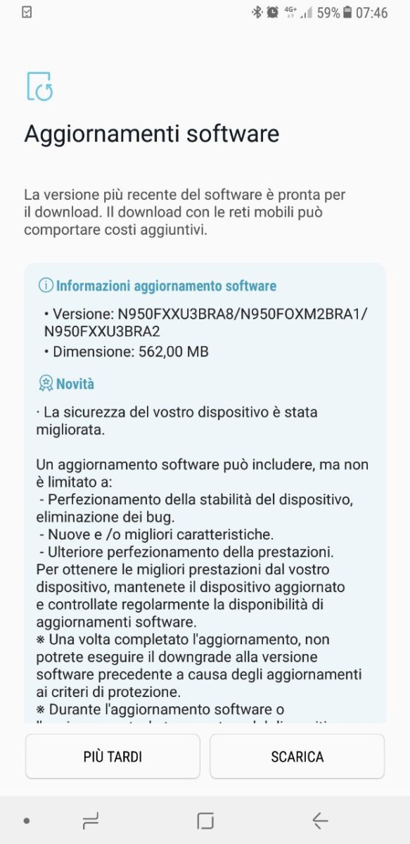 Aggiornamento Samsung Galaxy Note 8