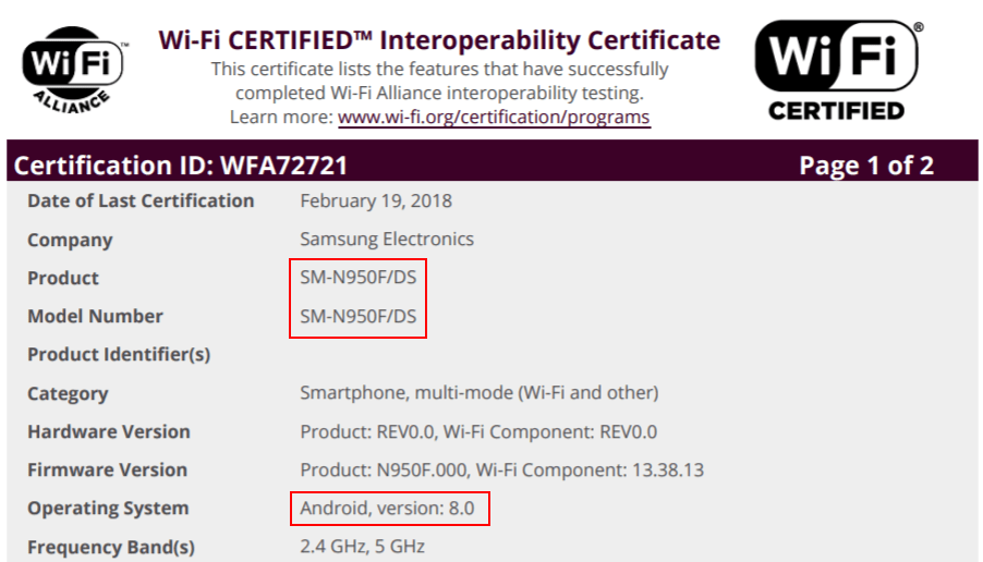 Aggiornamento Android 8.0 Oreo Samsung Galaxy Note 8 Wi-Fi certified